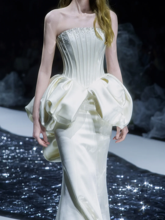 Ivory Mermaid Strapless Beaded Corset Satin Long Prom Dress DP2839