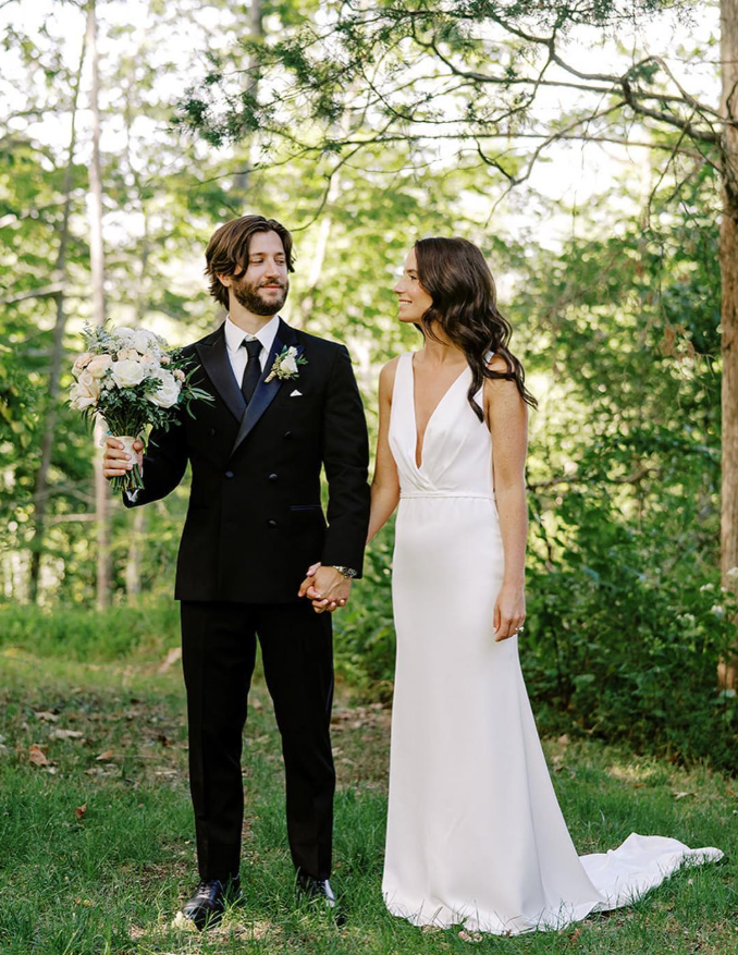 Simple Sheath V Neck White Satin Open Back Wedding Dresses DP4345