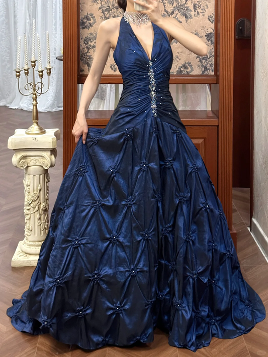 Vintage Navy Blue A Line Halter Beaded Pleated Satin Long Prom Dress DP4822