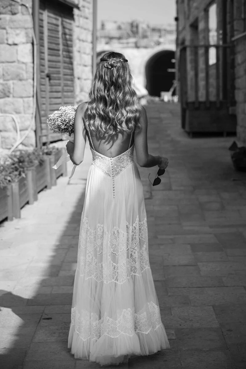 Gentle A Line Spaghetti Straps White Lace Tulle Open Back Evening Dress Wedding Dress DP2856