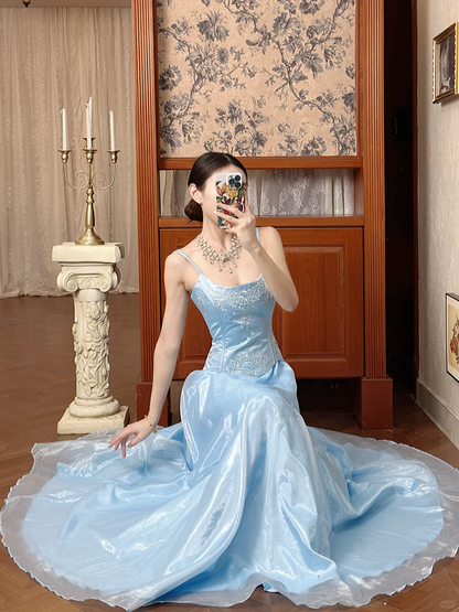 Vintage Blue A Line Embroidery Organza Satin Long Prom Dress Evening Dress DP5616