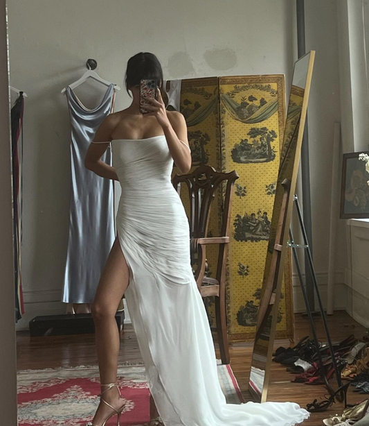 White Flowy Mermaid Spaghetti Strap Pleated Chiffon Wedding Dress Prom Dress with Slit DP3821