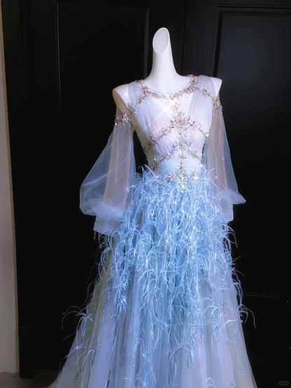 Blue Feather Exquisite Beaded Long Sleeve Tulle Date Dress Evening Dress Prom Dress DP2901