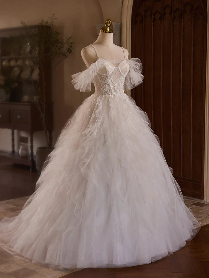 Charming Ball Gown Straps Off-the-shoulder Beading Ruffle Tulle Wedding Gown DP847
