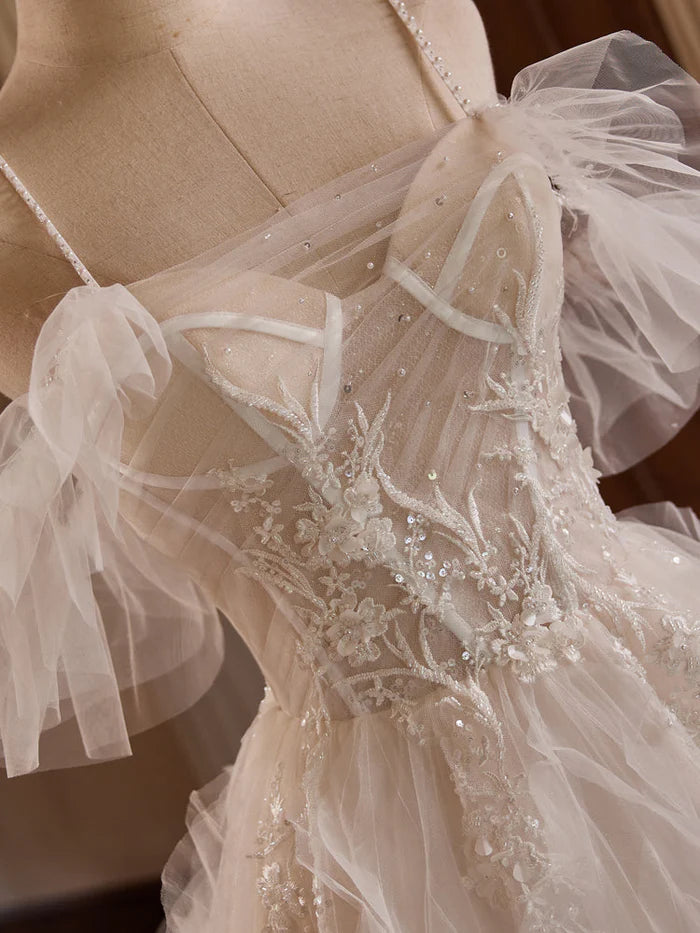Charming Ball Gown Straps Off-the-shoulder Beading Ruffle Tulle Wedding Gown DP847