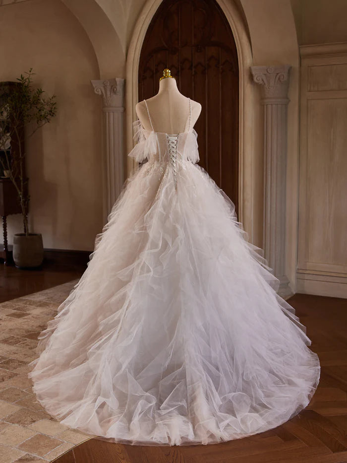 Charming Ball Gown Straps Off-the-shoulder Beading Ruffle Tulle Wedding Gown DP847