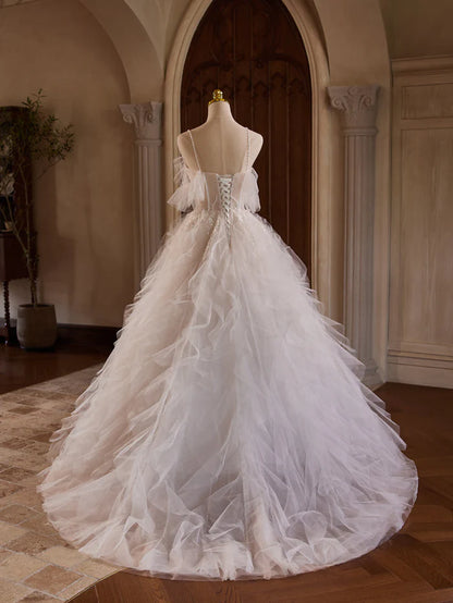 Charming Ball Gown Straps Off-the-shoulder Beading Ruffle Tulle Wedding Gown DP847
