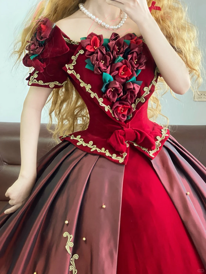 Vintage Ball Gown Floral Burgundy Satin Velvet Prom Dress 22 Birthday Dress DP4074