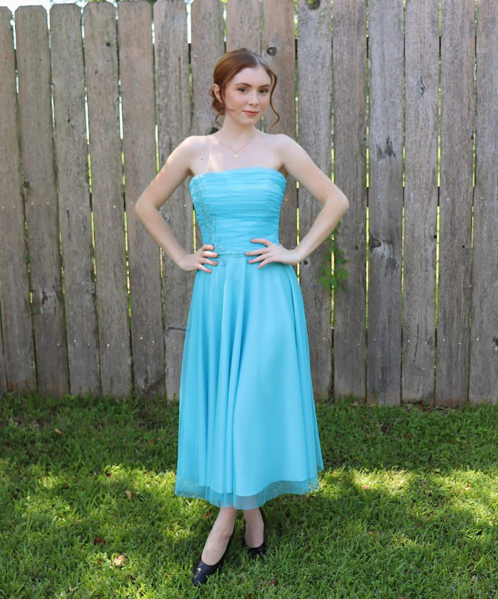 Cute A Line Strapless Appliques Blue Tulle Party Dress Evening Dress DP2278