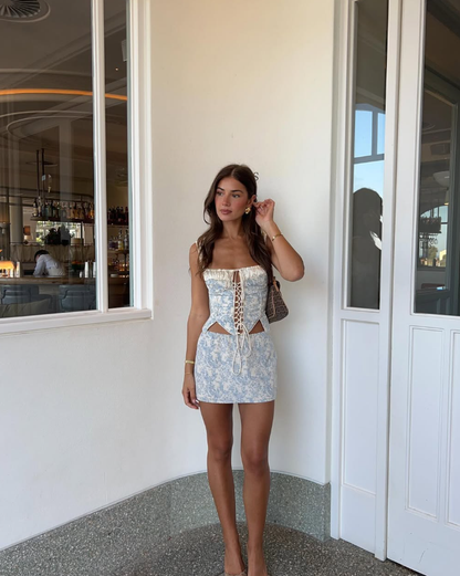 Two Piece Blue Print Floral Satin Short Homecoming Dress Date Dress Cocktail Dress DP2997