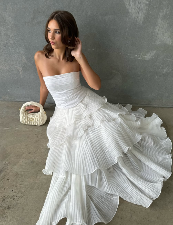 Gentle A Line Strapless Tiered White Chiffon Prom Dress Evening Dress DP2007
