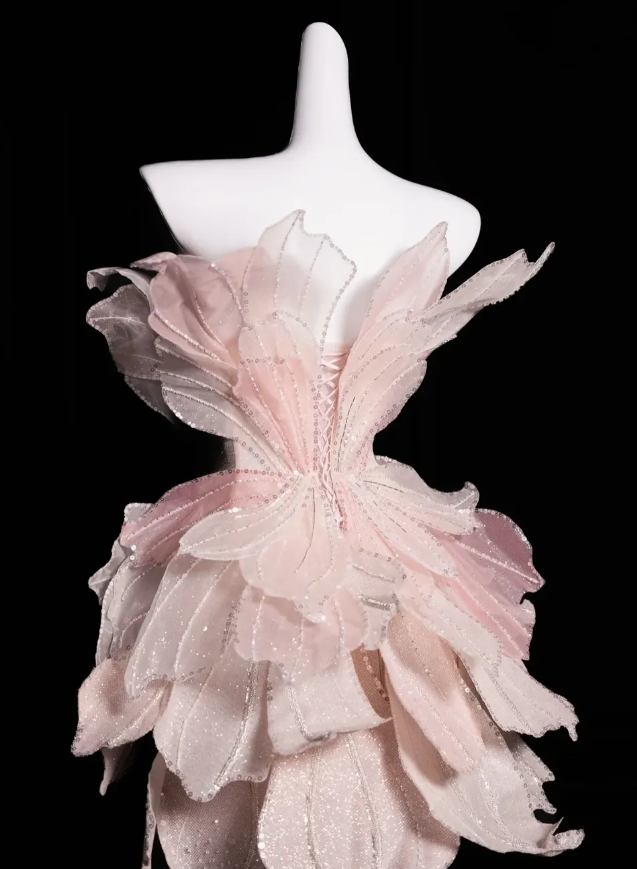 Pink Flower A Line Strapless Tiered Beaded Tulle Prom Dress Graduation Prom Dress DP1978