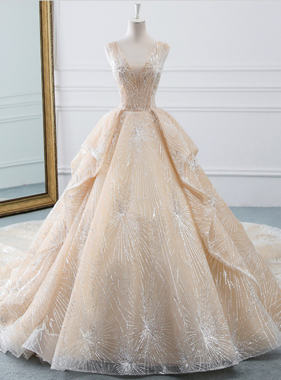 Sparkle A-line V-neck Champagne Tulle Ball Gown Prom Dress DP982