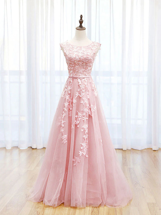 Pink Round Neck Appliques Lace Tulle Backless Prom Dress Evening Dresses DP1158