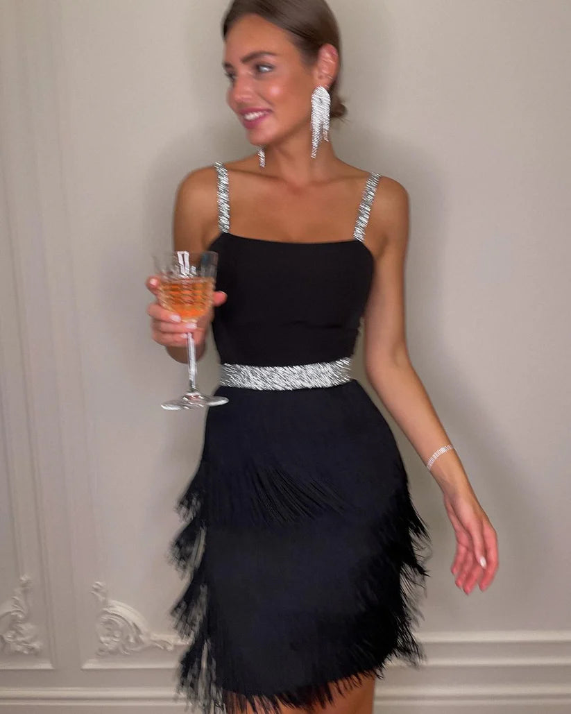 Black A Line Straps Tiered Satin Short Homecoming Dress Outfits DP1527