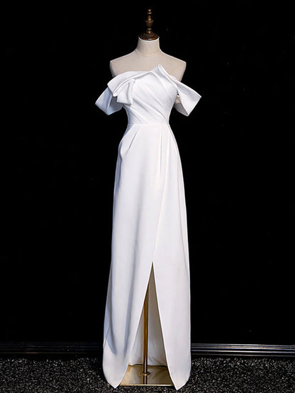 Simple White Off the Shoulder Satin Long Prom Dress Formal Dress with Slit DP1159