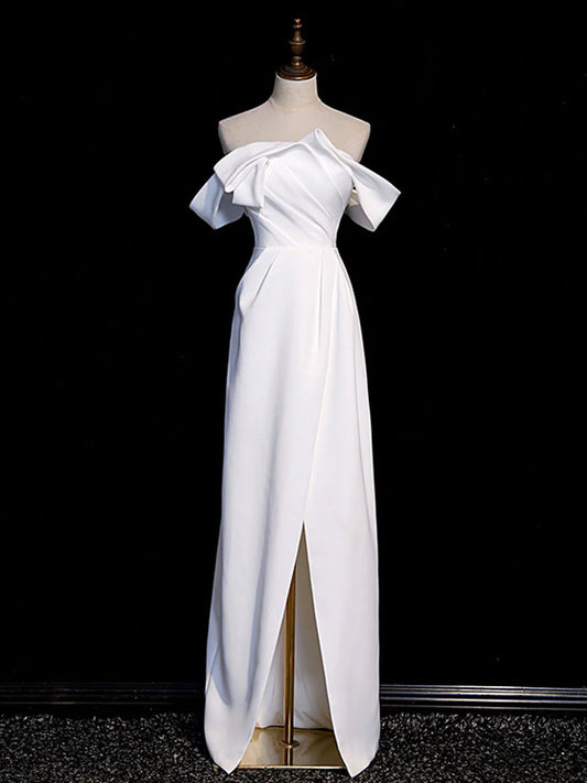 Simple White Off the Shoulder Satin Long Prom Dress Formal Dress with Slit DP1159