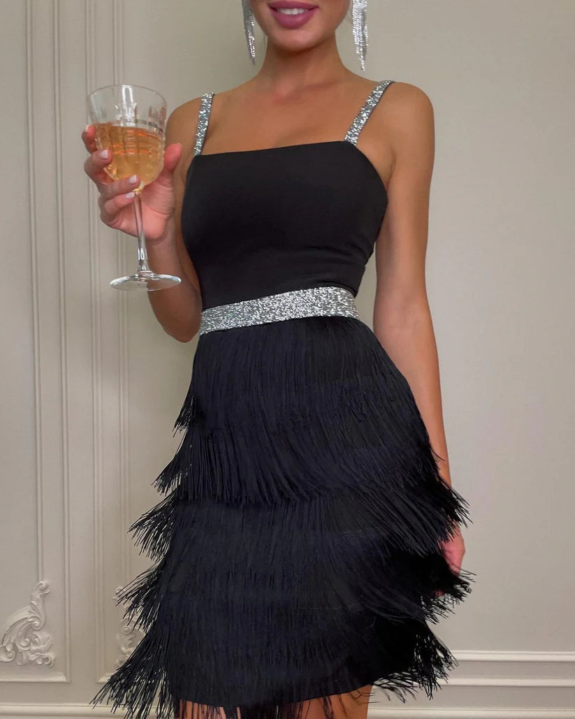 Black A Line Straps Tiered Satin Short Homecoming Dress Outfits DP1527