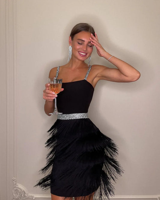 Black A Line Straps Tiered Satin Short Homecoming Dress Outfits DP1527