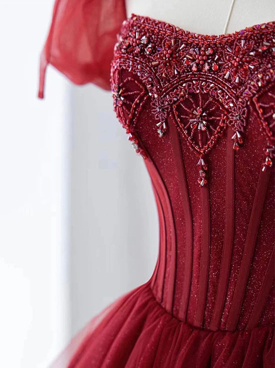Burgundy A Line Puff Sleeve Beads Tulle Long Prom Dress Evening Dress DP1309