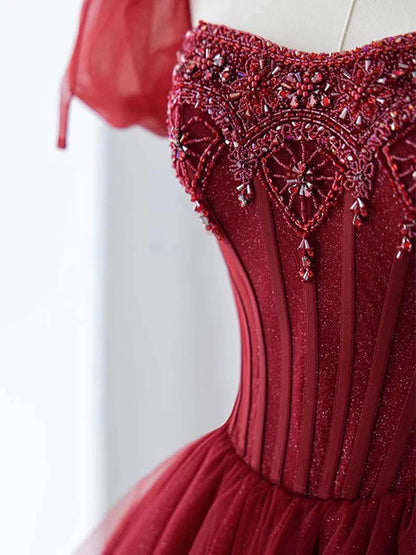 Burgundy A Line Puff Sleeve Beads Tulle Long Prom Dress Evening Dress DP1309