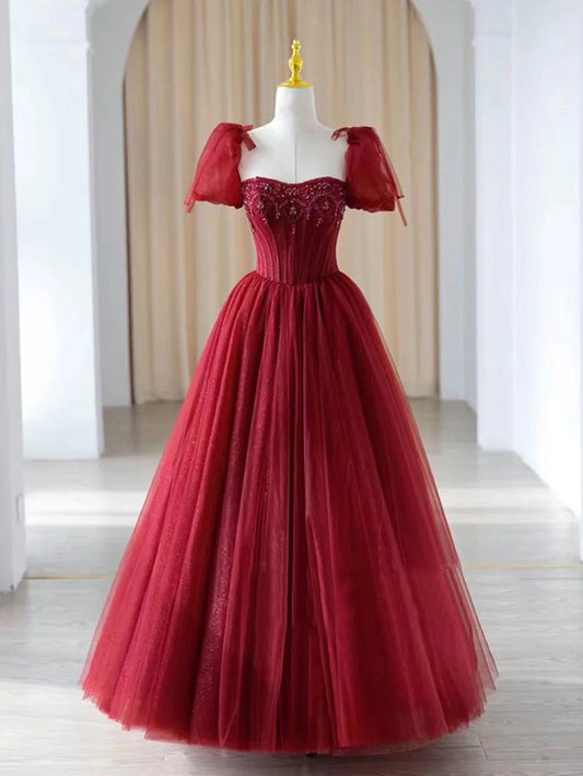 Burgundy A Line Puff Sleeve Beads Tulle Long Prom Dress Evening Dress DP1309