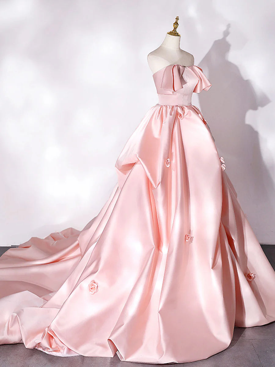Elegant Pink A Line Strapless Appliques Satin Evening Dress Prom Dress DP946