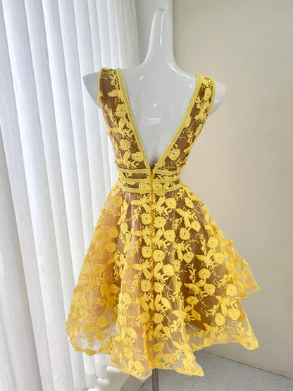 Vintage A Line V-Neck Applique Tulle Short Homecoming Dress DP778
