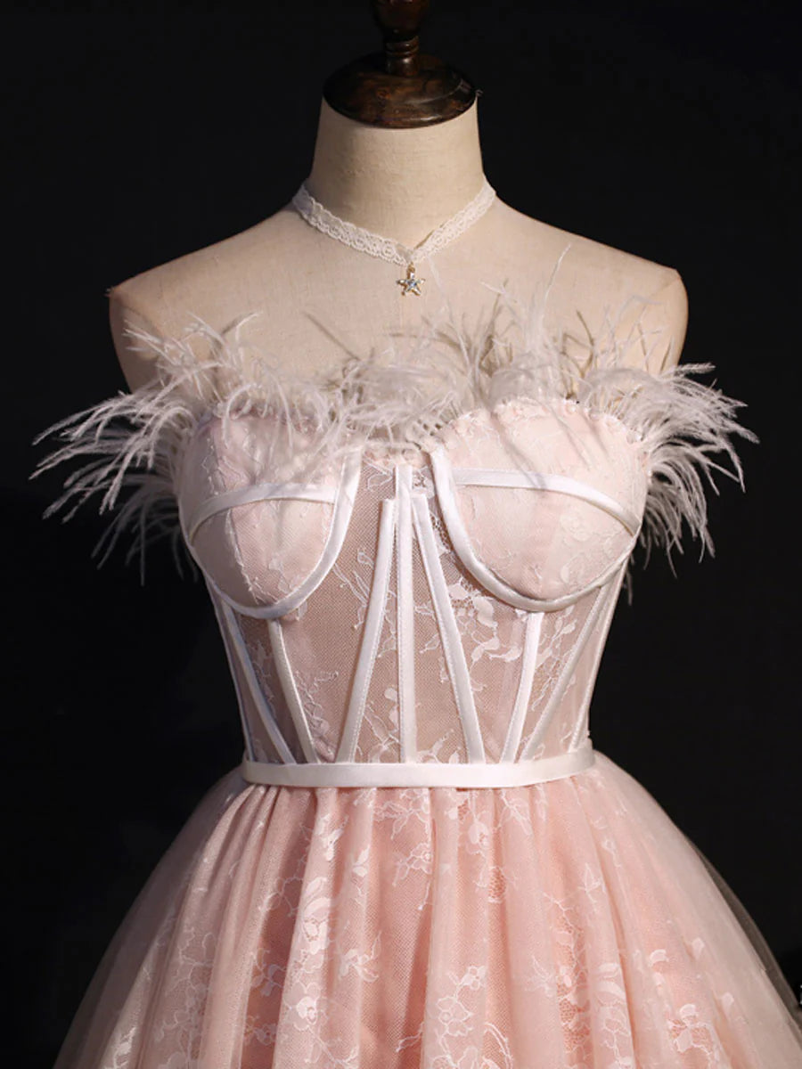 Pink Sweetheart Neck Tulle Lace Short Prom Dress Homecoming Dress DP1050