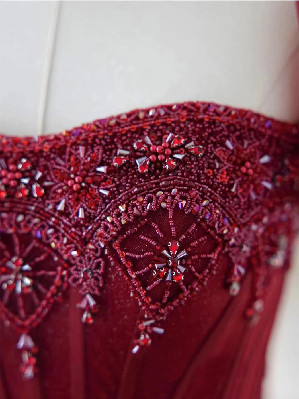 Burgundy A Line Puff Sleeve Beads Tulle Long Prom Dress Evening Dress DP1309