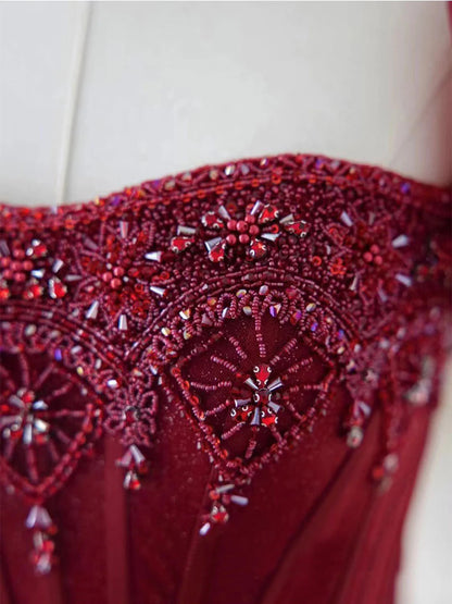 Burgundy A Line Puff Sleeve Beads Tulle Long Prom Dress Evening Dress DP1309