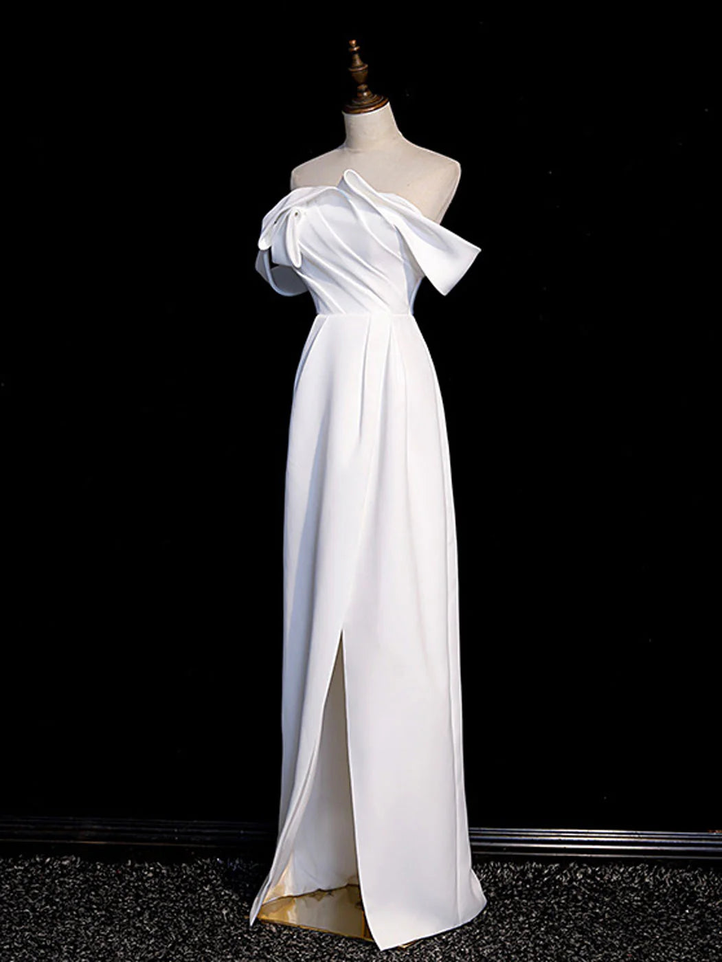 Simple White Off the Shoulder Satin Long Prom Dress Formal Dress with Slit DP1159