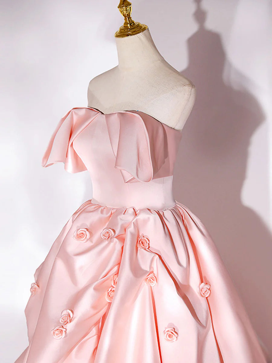 Elegant Pink A Line Strapless Appliques Satin Evening Dress Prom Dress DP946