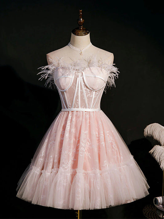 Pink Sweetheart Neck Tulle Lace Short Prom Dress Homecoming Dress DP1050
