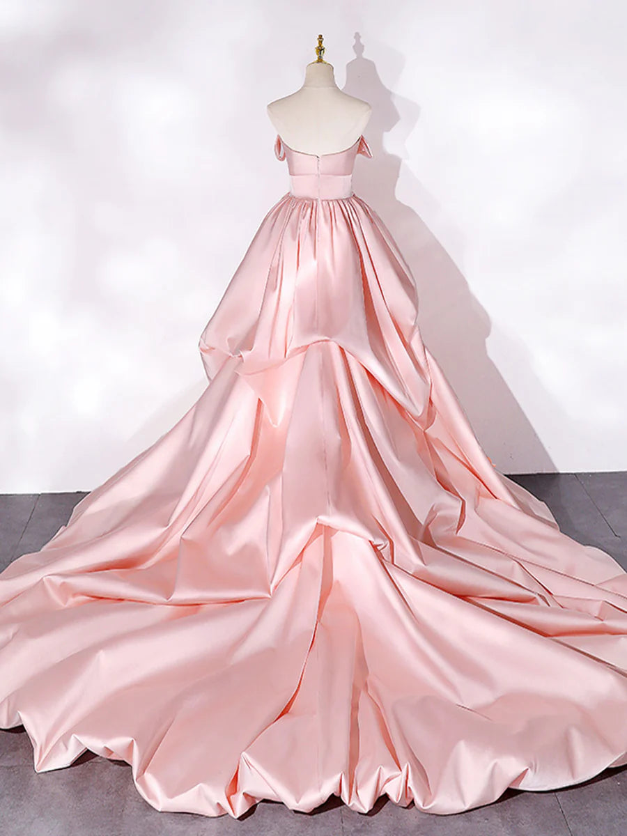 Elegant Pink A Line Strapless Appliques Satin Evening Dress Prom Dress DP946