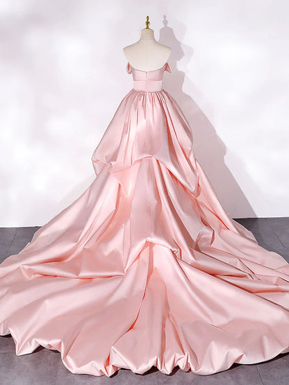 Elegant Pink A Line Strapless Appliques Satin Evening Dress Prom Dress DP946