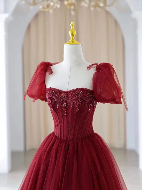 Burgundy A Line Puff Sleeve Beads Tulle Long Prom Dress Evening Dress DP1309