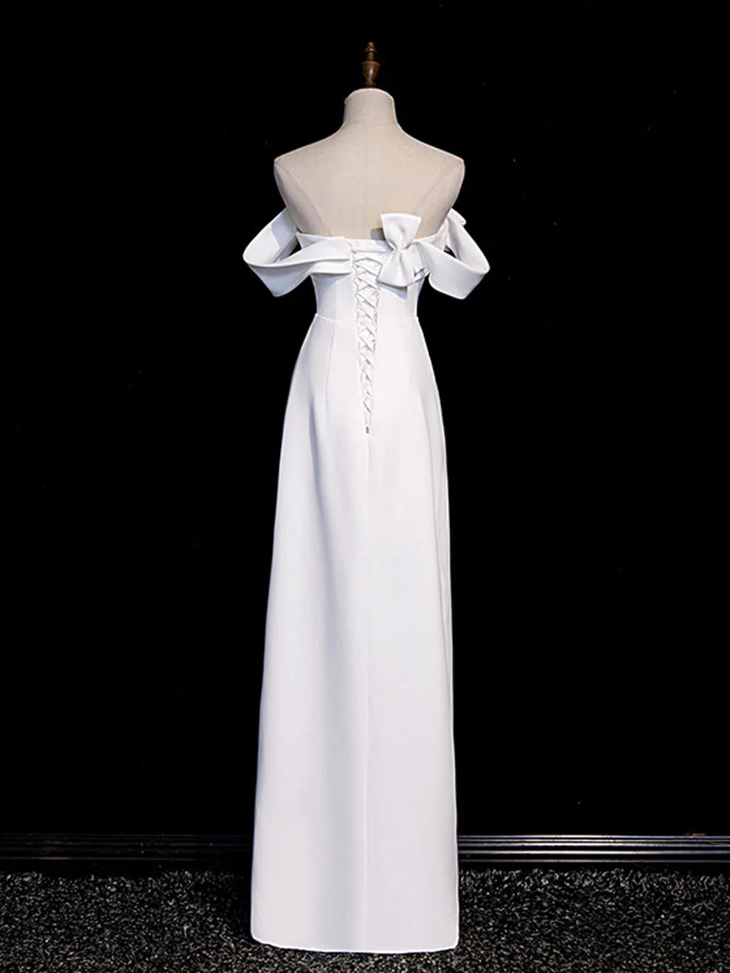 Simple White Off the Shoulder Satin Long Prom Dress Formal Dress with Slit DP1159
