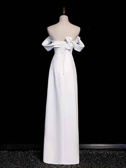 Simple White Off the Shoulder Satin Long Prom Dress Formal Dress with Slit DP1159