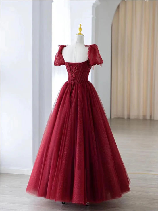 Burgundy A Line Puff Sleeve Beads Tulle Long Prom Dress Evening Dress DP1309