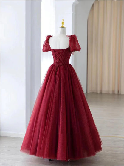 Burgundy A Line Puff Sleeve Beads Tulle Long Prom Dress Evening Dress DP1309