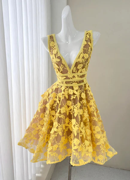Vintage A Line V-Neck Applique Tulle Short Homecoming Dress DP778