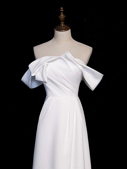 Simple White Off the Shoulder Satin Long Prom Dress Formal Dress with Slit DP1159