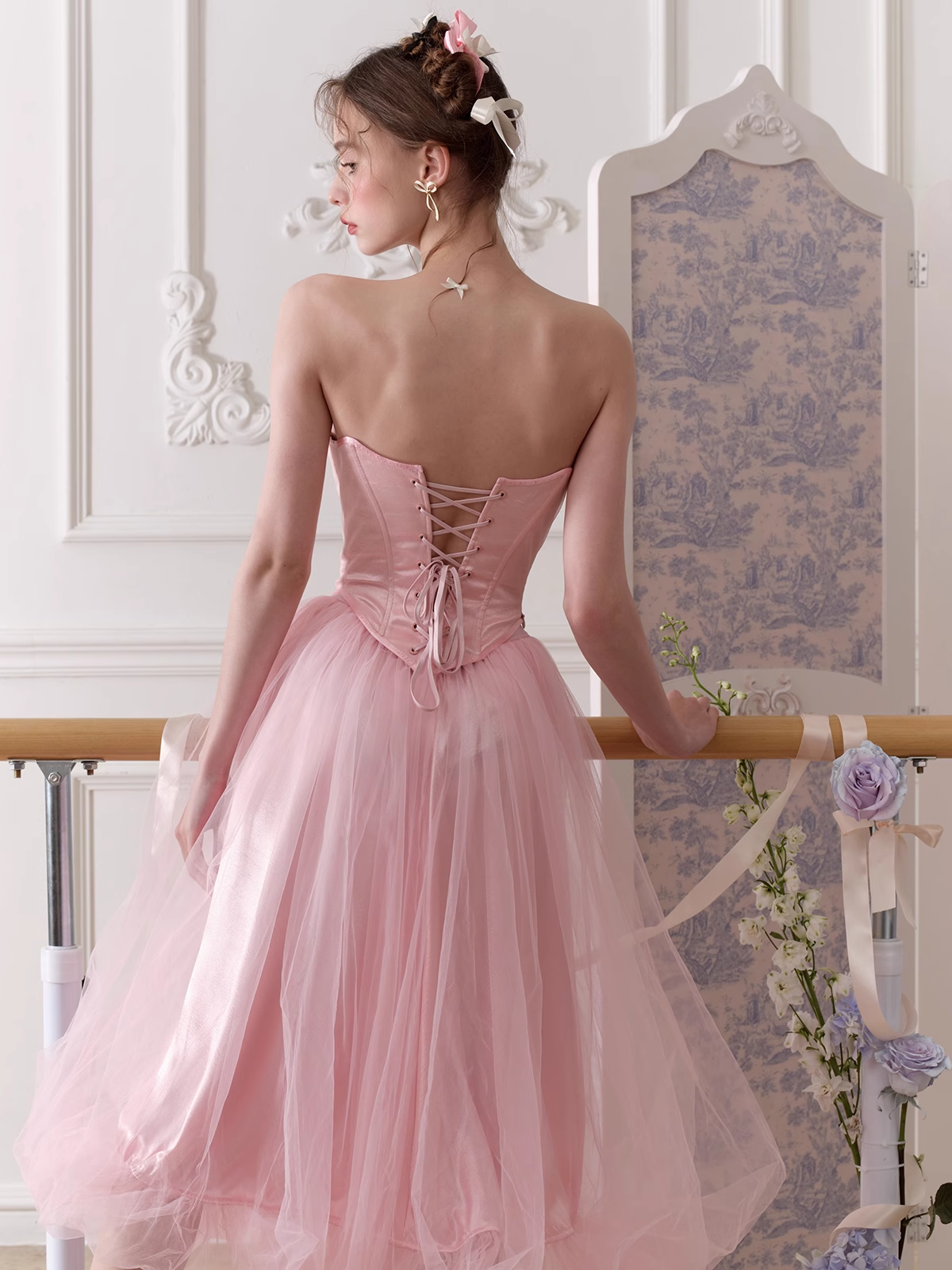 Cute A Line Sweetheart Neck Corset Bow Pink Tulle Satin Party Dress Birthday Dress DP2744