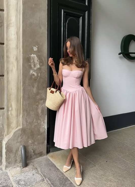 Simple Classic A Line Spaghetti Strap Pink Satin Prom Dress Outfits DP6169