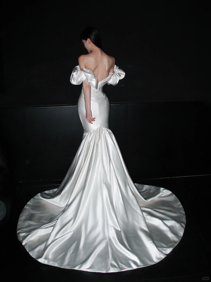 White Mermaid Off the Shoulder Satin Long Train Wedding Dress DP8108