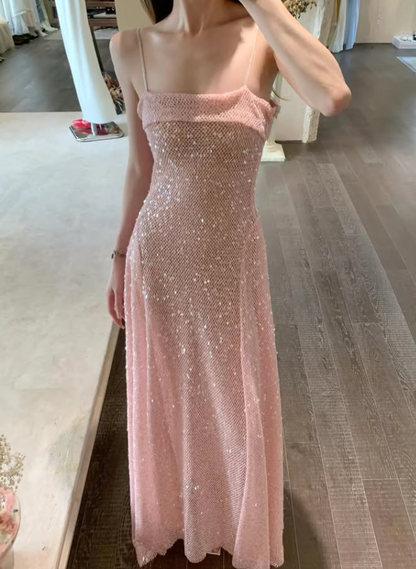Shiny Pink A Line Spaghetti Strap Sequin Prom Dress Evening Dress DP7938
