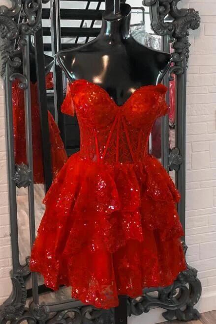 Charming Red Tulle Sequin A-Line Ruffles Homecoming Dress DP567