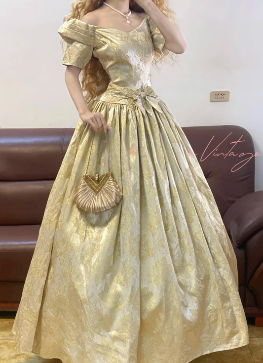 Golden Ball Gown Off the Shoulder Print Floral Satin 16th Birthday Dress Quinceanera Dress DP4100
