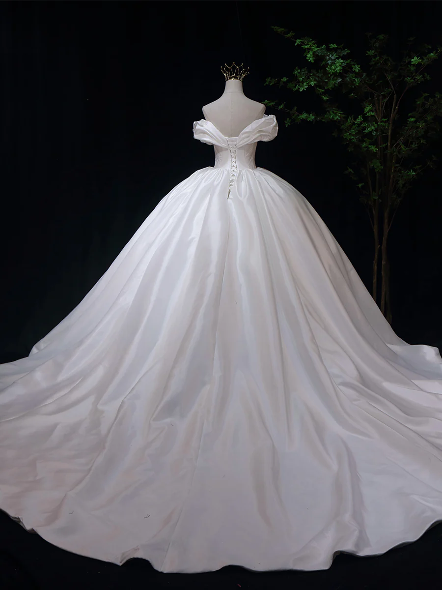 Elegant White Off Shoulder Satin Long Prom Dress Wedding Dress Ball Gown DP072